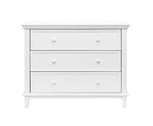 Load image into Gallery viewer, Contours Easy-to-Assemble Transitional 3-Drawer Dresser - Built-in Hardware, Changing Table Height, 3 Spacious Drawers, Sculpted Wooden Knobs, Anti-Tip Kit, White
