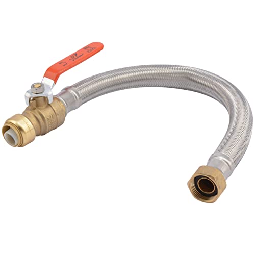 SharkBite 3/4 Inch Ball Valve x 3/4 Inch FIP x 18 Inch Stainless Steel Braided Flexible Water Heater Connector, Push To Connect Brass Plumbing Fitting, PEX Pipe, Copper, CPVC, PE-RT, HDPE, U3088FLEX18