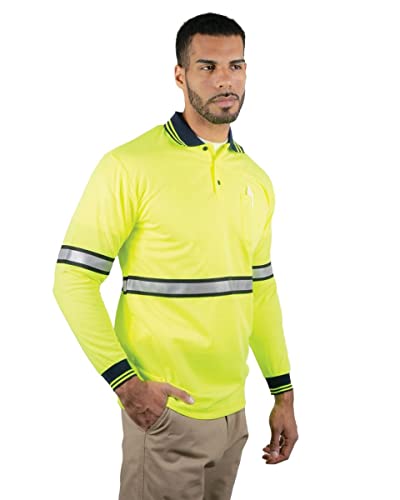 First Class Two Tone Polyester Polo Shirt with Reflective Stripes Yellow (3XL, Long Sleeve)