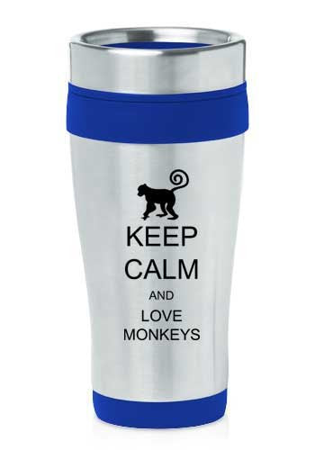 Blue 16oz Insulated Stainless Steel Travel Mug Keep Calm and Love Monkeys
