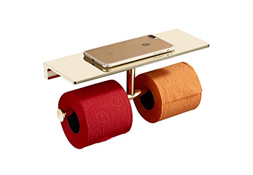 Sanliv Heavy Brass Double Roll Toilet Paper Holder, Hotel Collection Twin Roll Restroom Tissue Dispenser with Storage Shelf in PVD Gold Finish