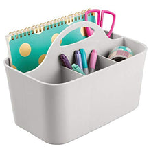 Load image into Gallery viewer, mDesign Small Office Storage Organizer Utility Tote Caddy Holder with Handle for Cabinets, Desks, Workspaces - Holds Desktop Office Supplies, Gel Pens, Pencils, Markers, Staplers - Light Gray
