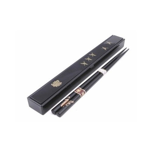 Happy Sales HSKS1/B, Japanese Black Chopsticks Set with Case - Crane Design Black