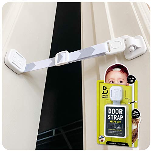 Door Buddy Baby Proof Door Lock with Adjustable Strap (Grey). No Need for Baby Gate. Child Proof Room with Litter Box While Cats Enter Easily. Installs in Seconds and is Simple and Convenient to Use.