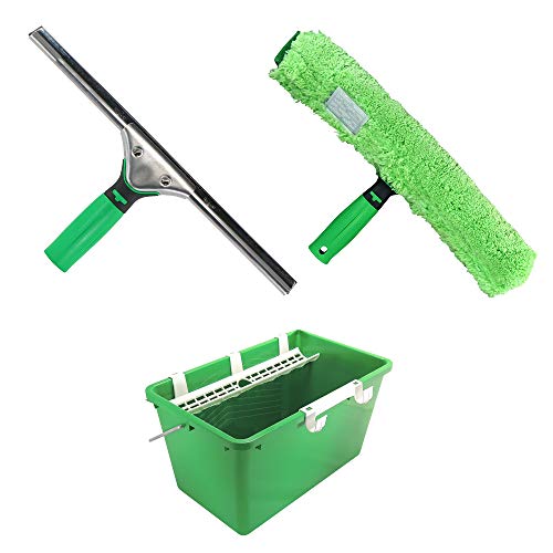 UNGER Window Cleaning Kit 4 Piece Starter Set - Window Squeegee, Microfibre Washer with T-Bar Handle, 18L Bucket - Professional Window Cleaner Equipment