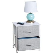 Load image into Gallery viewer, mDesign Night Stand/End Table Storage Tower - Sturdy Steel Frame, Wood Top, Easy Pull Fabric Bins - Organizer Unit for Bedroom, Hallway, Entryway, Closets - Textured Print - 2 Drawers - Gray/White
