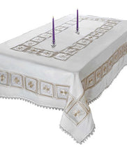 Load image into Gallery viewer, Violet Linen Emerald Flower Lace Tablecloth, 70&quot; X 88&quot;, Ivory
