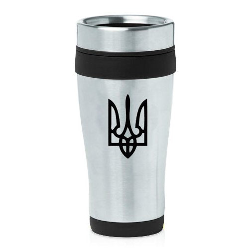 16oz Insulated Stainless Steel Travel Mug Ukraine Tryzub Trident (Black)
