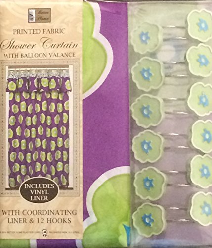 Better Home Purple with Flower Design Fabric Shower Curtain with Balloon Valance, Liner and 12 Hooks