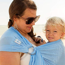 Load image into Gallery viewer, Beachfront Baby - Versatile Water &amp; Warm Weather Ring Sling Baby Carrier | Made in USA with Safety Tested Fabric &amp; Aluminum Rings | Lightweight, Quick Dry &amp; Breathable (Sky Blue, Petite)
