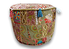 Load image into Gallery viewer, Sophia Art Indian Pouf Stool Vintage Patchwork Embellished with Patchwork Living Room Ottoman Cover, 18 X 13 Inches(Mhendhi Green)
