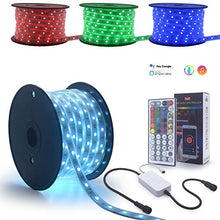 Load image into Gallery viewer, 90 Feet Waterproof 24 Volts LED RGB Strip Lights Smart WiFi App Controller Works with Alexa Music SYNC Under Cabinet Crown Molding Ambient Colors Changing &amp; Outdoor Rooftop Railings Patio Rope Lights
