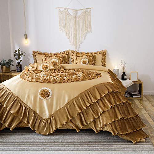 Tache Satin Ruffle Floral Luxurious Honey Gold Caramel Latte Victorian Royal 6pc Comforter Bedding Set, Queen