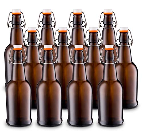 Home Brewing Glass Beer Bottle with Easy Wire Swing Cap & Airtight Rubber Seal -Amber- 16oz - Case of 12 - by Tiabo