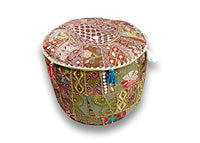 Sophia Art Indian Pouf Stool Vintage Patchwork Embellished with Patchwork Living Room Ottoman Cover, 18 X 13 Inches(Mhendhi Green)