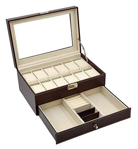 AUTOARK Leather 12 Mens Watch Box with Jewelry Display Drawer Lockable Watch Case Organizer,Brown,AW-003
