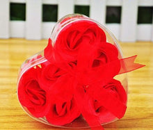Load image into Gallery viewer, Domire Elegant Rose Petal Soap Flowers in a Clear Heart-shaped Container / 6 Red Rose Soaps Per Box
