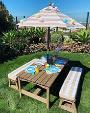 Load image into Gallery viewer, KidKraft Outdoor Wooden Table &amp; Bench Set with Cushions and Umbrella, Kids Backyard Furniture, Espresso with Oatmeal and White Stripe Fabric, Gift for Ages 3-8
