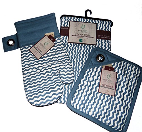 Mabelle Blue Zigzag Design Kitchen Linen 3 Piece Gift Set Pocket Potholder, Oven Mitt, Kitchen Towel 100% Cotton
