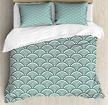 Load image into Gallery viewer, Ambesonne Teal Duvet Cover Set, Traditional Japanese Chinese Seigaiha Pattern Abstract Scales Inspirations, Decorative 3 Piece Bedding Set with 2 Pillow Shams, Queen Size, Jade Green White
