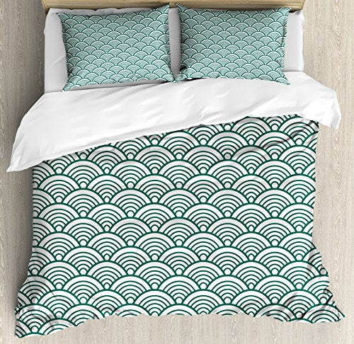 Ambesonne Teal Duvet Cover Set, Traditional Japanese Chinese Seigaiha Pattern Abstract Scales Inspirations, Decorative 3 Piece Bedding Set with 2 Pillow Shams, Queen Size, Jade Green White