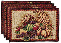 Violet Linen Fall Harvest Thanksgiving Autumn Leaves Sunflowers Fruits Pumpkins Tapestry Pattern, Polyester Cotton Woven Tapestry , Cornucopia, 13 X 19, Rectangler Set of 4, Decorative Place Mats