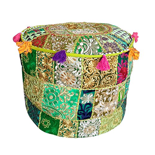 Maniona Crafts Indian Round Patchwork Embroidered Ottoman Pouf Ethnic Indian Decorative Cotton Pouffe,Designer Ottoman Pouf, Home Living Footstool Chair Cover,Bohemian Pouf