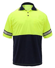 Load image into Gallery viewer, First Class Two Tone Polyester Polo Shirt with Reflective Stripes Lime Yellow/Navy (XL)
