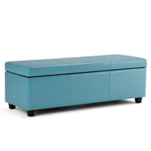 Load image into Gallery viewer, Simpli Home AXCF18-BU Avalon 48 inch Wide Contemporary Rectangle Storage Ottoman Bench in Blue Faux Leather
