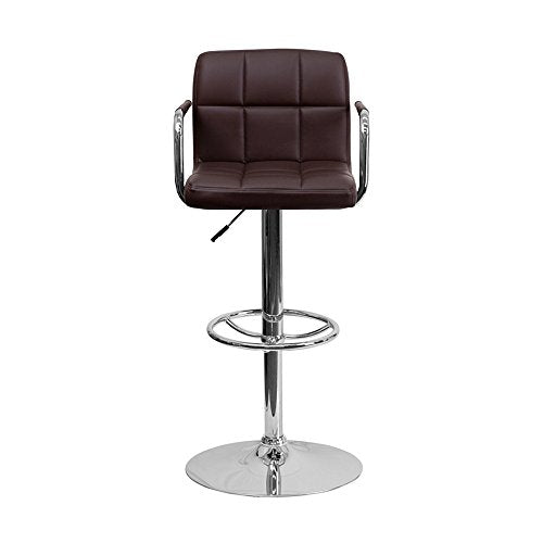 Offex Contemporary Brown Quilted Vinyl Adjustable Height Bar Stool with Arms and Chrome Base