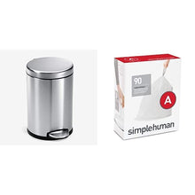 Load image into Gallery viewer, simplehuman 4.5 Liter / 1.2 Gallon Compact Stainless Steel Round Bathroom Step Trash Can, Brushed Stainless Steel with 90 Pack Liners Code A
