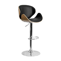 Offex Beech Bentwood Adjustable Height Barstool with Curved Back and Black Vinyl Seat