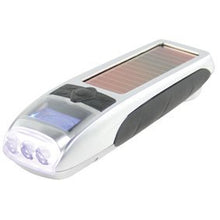 Load image into Gallery viewer, HANDY SOLAR POWERED 3 IN 1 TORCH WITH BRIGHT LCD SCREEN &amp; CLOCK &amp; ALARM FUNCTIONS

