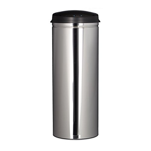 Relaxdays 50 L Waste Bin, Round with 30 cm Diameter, 80 cm Tall, Lid with Sensor, Stainless Steel, Silver-Black, 30 x 30 x 80 cm