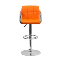 Offex Contemporary Orange Quilted Vinyl Adjustable Height Bar Stool with Arms and Chrome Base