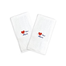 Load image into Gallery viewer, Linum Home Textiles I Love You Mom Embroidered White Hand Towels, Set of 2, Navy
