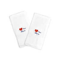 Linum Home Textiles I Love You Mom Embroidered White Hand Towels, Set of 2, Navy