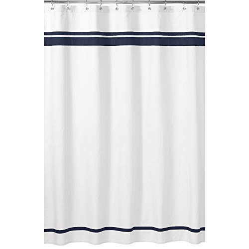 Sweet Jojo Designs White and Navy Hotel Kids Bathroom Fabric Bath Shower Curtain