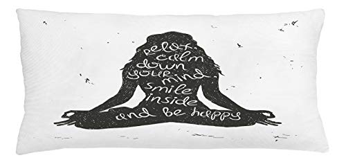 Lunarable Yoga Throw Pillow Cushion Cover, Relax Calm Down Smile Be Happy Typography Poster Woman Silhouette Sitting Yoga, Decorative Rectangle Accent Pillow Case, 36