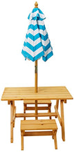 Load image into Gallery viewer, KidKraft Outdoor Wooden Table &amp; Bench Set with Striped Umbrella, Children&#39;s Backyard Furniture, Turquoise and White, Gift for Ages 3-8, Amazon Exclusive
