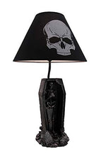Load image into Gallery viewer, The Gloaming Skeleton in a Coffin Table Lamp With Black Fabric Skull Shade Creepy Bedroom Gothic Decor
