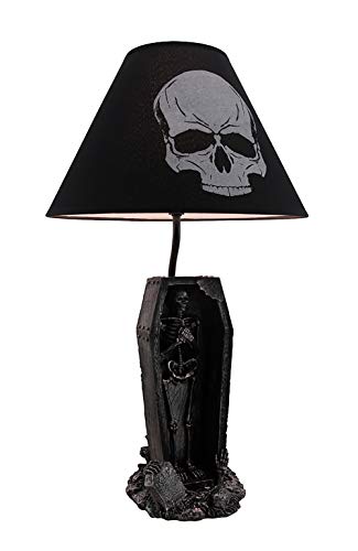 The Gloaming Skeleton in a Coffin Table Lamp With Black Fabric Skull Shade Creepy Bedroom Gothic Decor