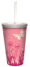 Load image into Gallery viewer, Tree-Free Greetings Pink Butterfly Pattern Magnificence Artful Traveler Double-Walled Acrylic Cool Cup with Reusable Straw, 16-Ounce
