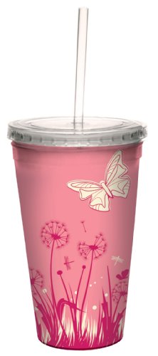 Tree-Free Greetings Pink Butterfly Pattern Magnificence Artful Traveler Double-Walled Acrylic Cool Cup with Reusable Straw, 16-Ounce