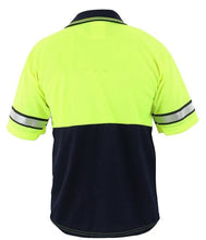 Load image into Gallery viewer, First Class Two Tone Polyester Polo Shirt with Reflective Stripes Lime Yellow/Navy (XL)
