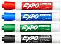 Load image into Gallery viewer, Expo 80174 Low Odor Chisel Point Dry Erase Marker Pack, Designed for Whiteboards, Glass and Most Non-Porous Surfaces, 4 Assorted Color Markers, Pack of 4 Blisters
