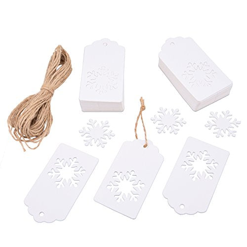 Livvd 100 Pieces Paper Gift Tags Kraft Tag Snowflake Shape Hang Labels with Twine for Christmas Wedding Birthday Thanksgiving (White)