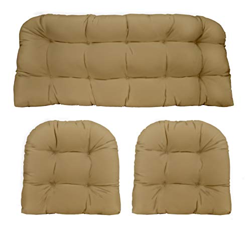 3 Piece Wicker Cushion Set - Indoor / Outdoor Tan Solid Fabric Cushion for Wicker Loveseat Settee & 2 Matching Chair Cushions