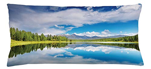 Lunarable Mountain Throw Pillow Cushion Cover, Lake and Reflection Scene at The Skirts of Altai Mountain Spring Forest, Decorative Rectangle Accent Pillow Case, 36