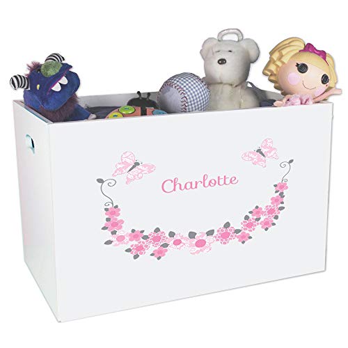 Personalized and Gray Butterflies Childrens Nursery White Open Toy Box